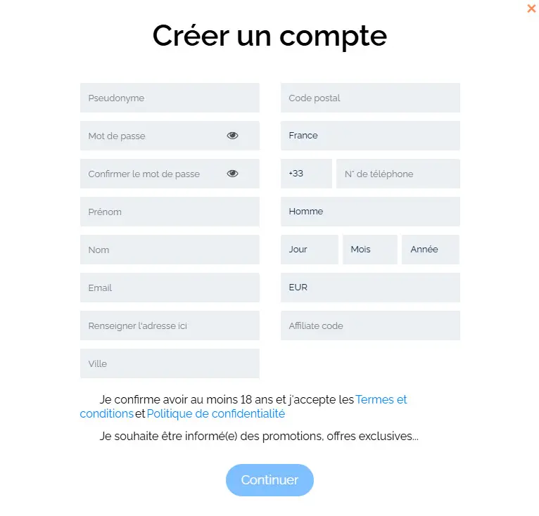 Processus d'inscription SHINY WILDS CASINO